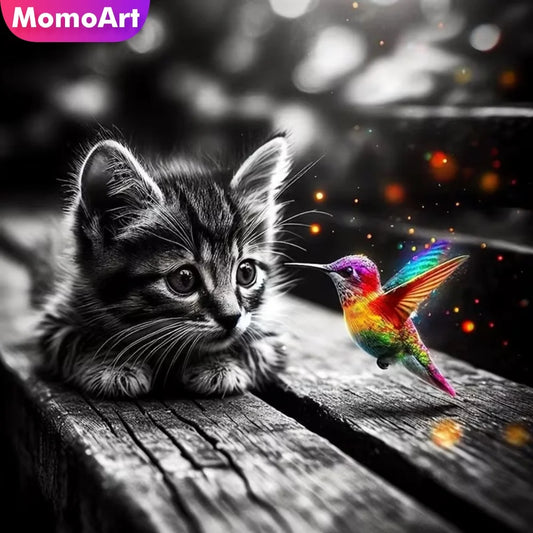 Cat and Hummingbird Diamond Mosaic DIY Painting Full Square or Round Diamond