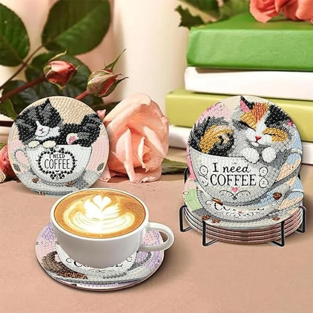 8-Piece / Set Diamond Art Painting Cup Mat With Stand, DIY Coffee Cat Pattern Diamond Art Cup Coasters
