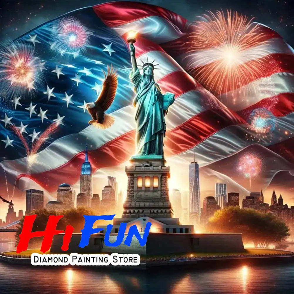 USA Red White Blue Eagle Flag, DIY Diamond Painting Kits Statue of Liberty, Square/Round Drills