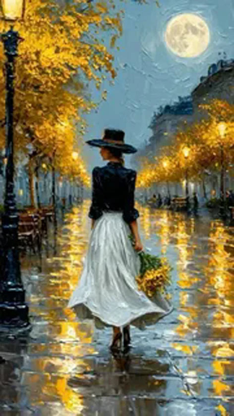 Romantic Rainy Night DIY Diamond Painting Art Elegant Woman Umbrella Street Scene