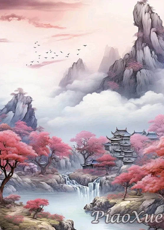 Chinese Style Landscape Picture Diamond Painting New Mountain Waterfall Scenery, Diamond Painting Mosaic DIY Cross Home Decor
