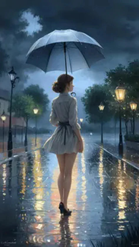 Romantic Rainy Night DIY Diamond Painting Art Elegant Woman Umbrella Street Scene