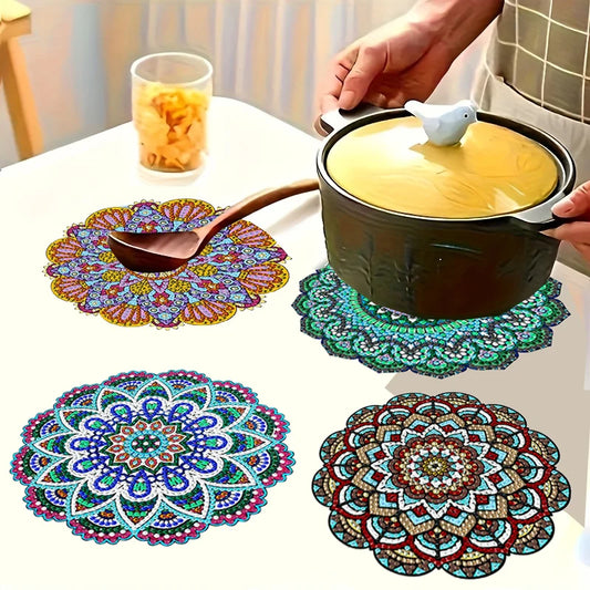 4-Piece Colorful Pattern Wooden Diamond Painted Placemat Set, DIY Crystal Diamond Art Insulated Table Mat