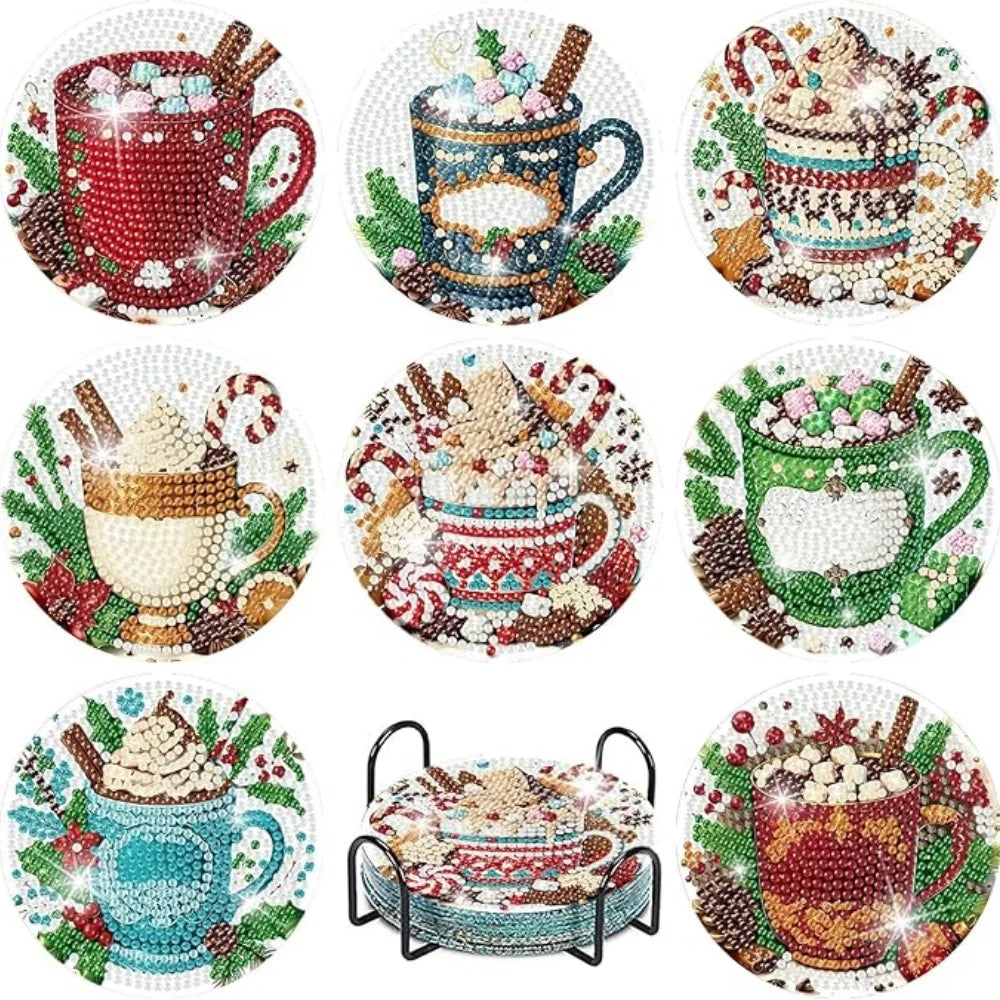 8-Piece / Set Diamond Art Painting Cup Mat With Stand, DIY Coffee Cat Pattern Diamond Art Cup Coasters