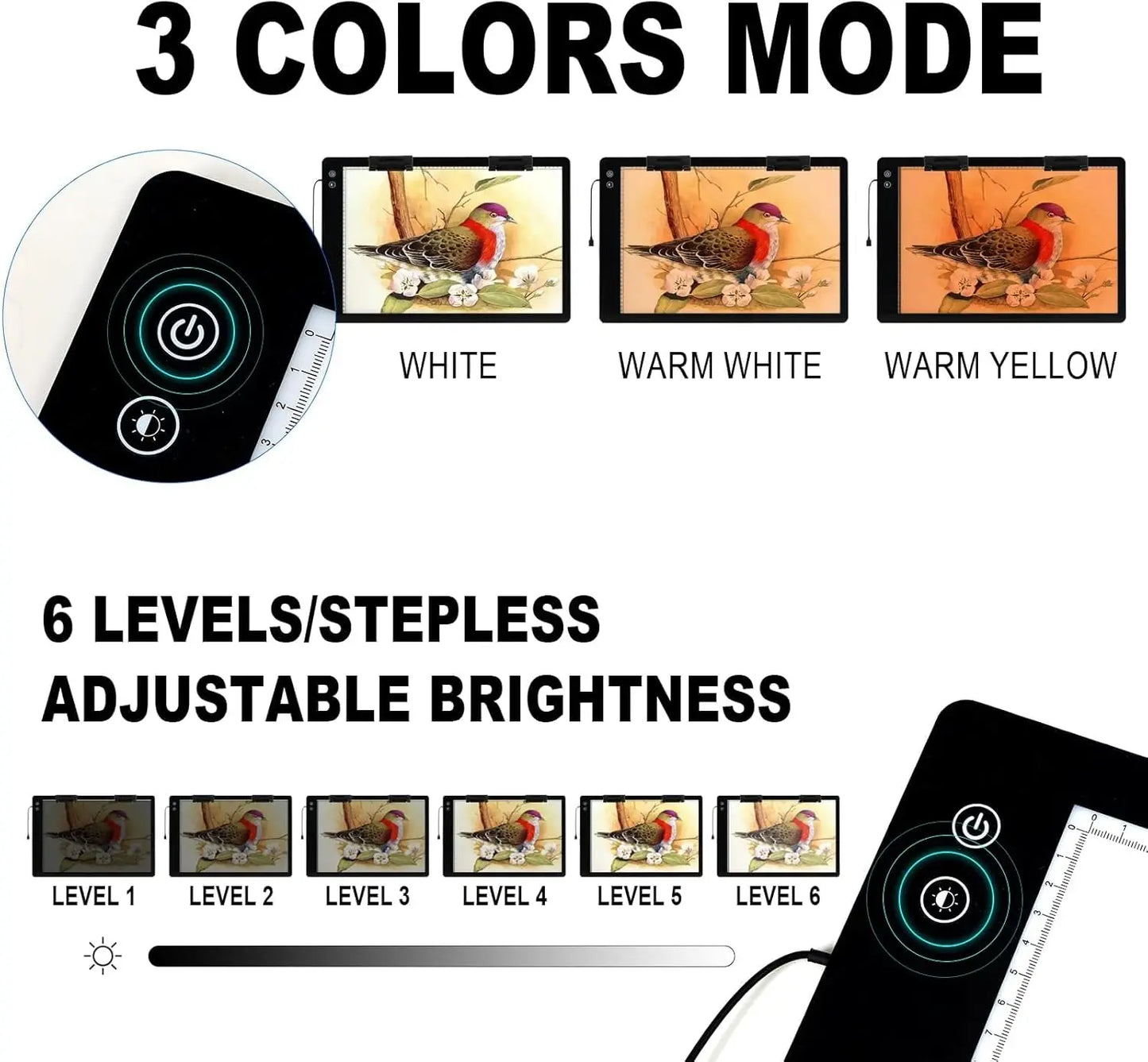 Rechargeable Large A2 Tracing Light Pad, 3 Colors Light Mode Diamond Painting Cordless Light Board, 6-Level/Stepless Adjusted