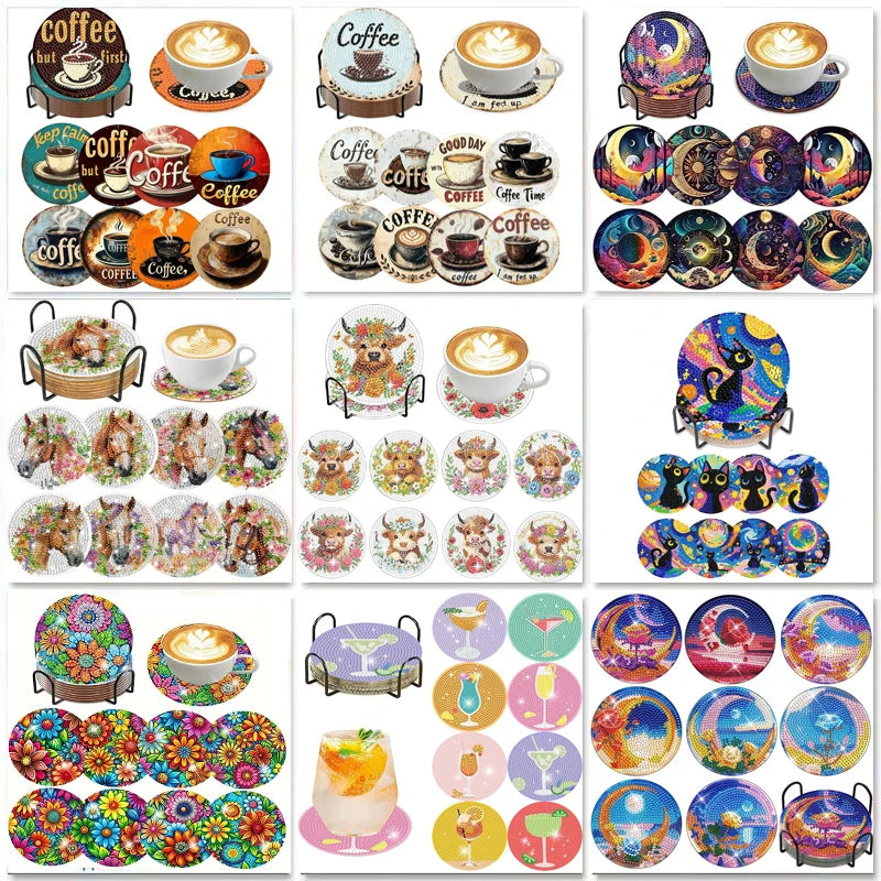 DIY 8 pcs / Set Of Coffee Patterned Diamond Painted Coaster Set, Sparkling Rhinestone Heat-Resistant Beverage Mat With Holder DIY