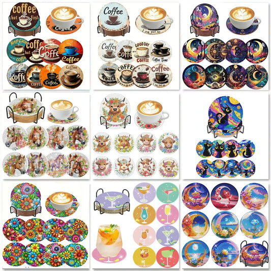 DIY 8 pcs / Set Of Coffee Patterned Diamond Painted Coaster Set, Sparkling Rhinestone Heat-Resistant Beverage Mat With Holder DIY