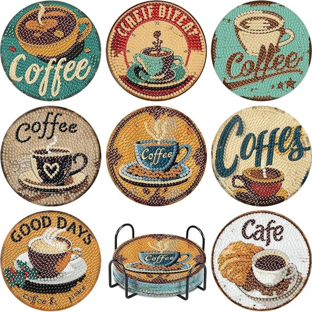8-Piece / Set Diamond Art Painting Cup Mat With Stand, DIY Coffee Cat Pattern Diamond Art Cup Coasters