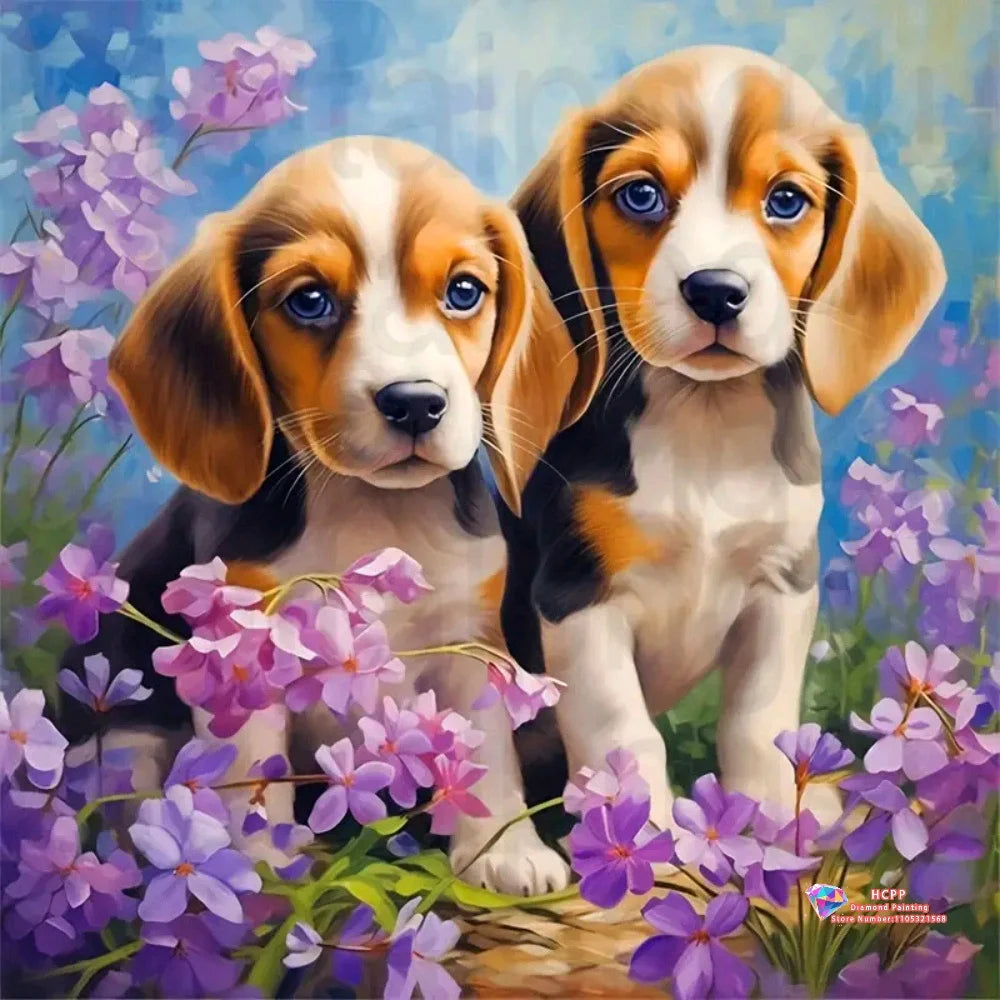 Diamond Painting Kit Square / Round Diamond 5D DIY Collage Of Cute Puppies With Flowers & Decorative Elements