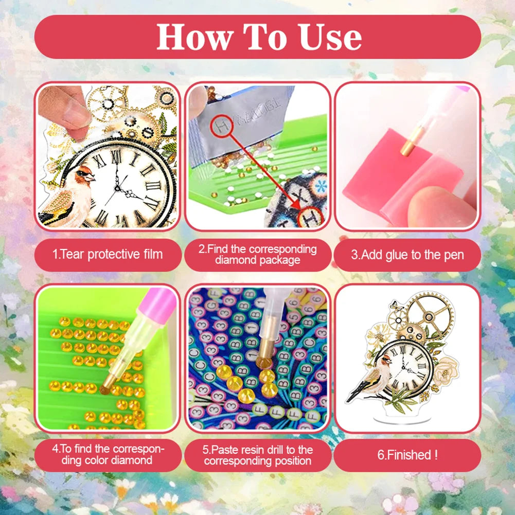 Acrylic Special Shape Flower Bird Diamond Painting Clock Ornaments Kit
