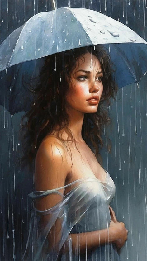 Romantic Rainy Night DIY Diamond Painting Art Elegant Woman Umbrella Street Scene