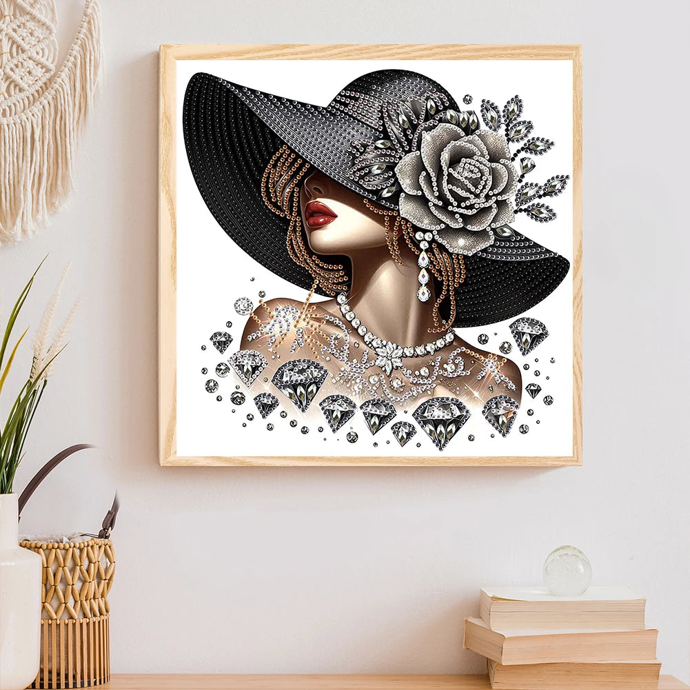 5D DIY Partial Special Shaped Drill Diamond Painting Kit, Girl In Hat Decoration 30x30cm