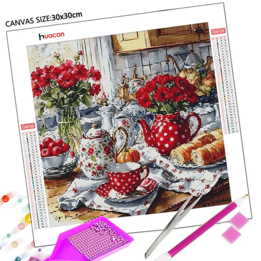 Huacan Kitchen Landscape Teapot With Flowers, DIY Diamond Painting 5D Full Square / Round Drill