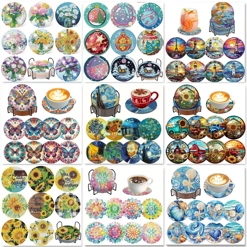 8-Piece Set of DIY Diamond Painting Coasters (With Holder)