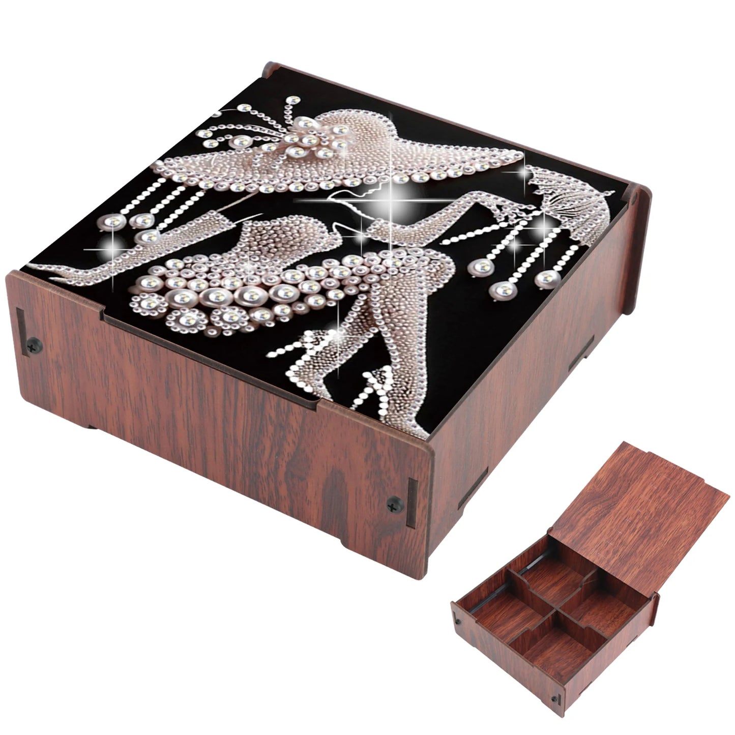 5D DIY Animal Girl Theme 4 Slots Diamond Painting Kit, Wooden Storage Box Diamond Art Jewelry Case, Storage Organizer