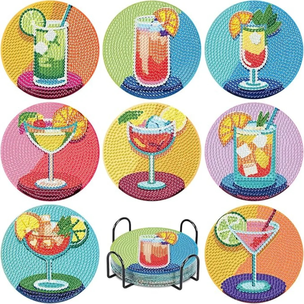 8-Piece / Set Diamond Art Painting Cup Mat With Stand, DIY Coffee Cat Pattern Diamond Art Cup Coasters