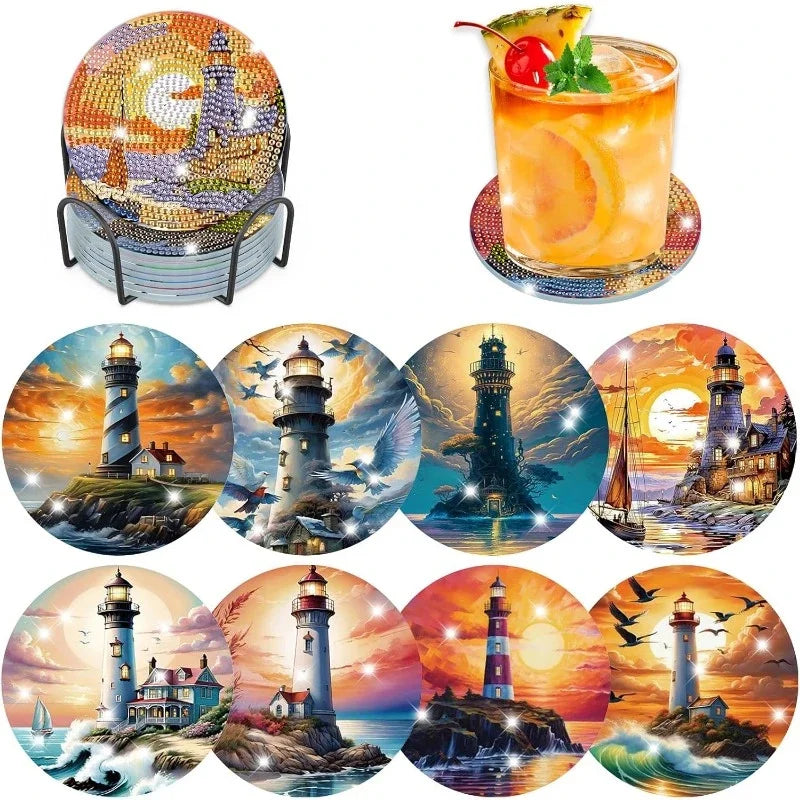 8-Piece Set of DIY Diamond Painting Coasters (With Holder)