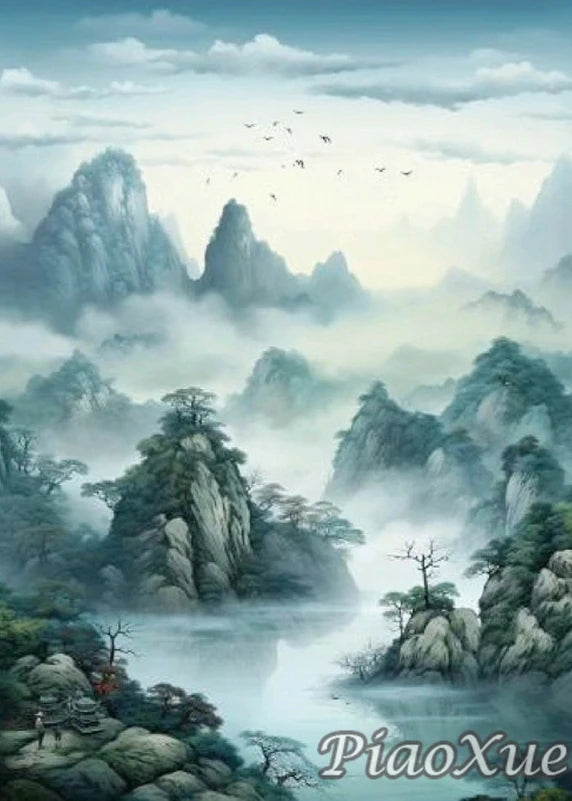 Chinese Style Landscape Picture Diamond Painting New Mountain Waterfall Scenery, Diamond Painting Mosaic DIY Cross Home Decor