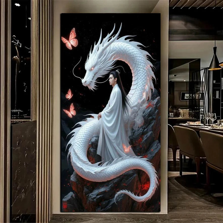 White Dragon and Man Large Size Diy Diamond Art Painting New Collection Handsome Guy Full Mosaic Embroidery Picture Wall Decor