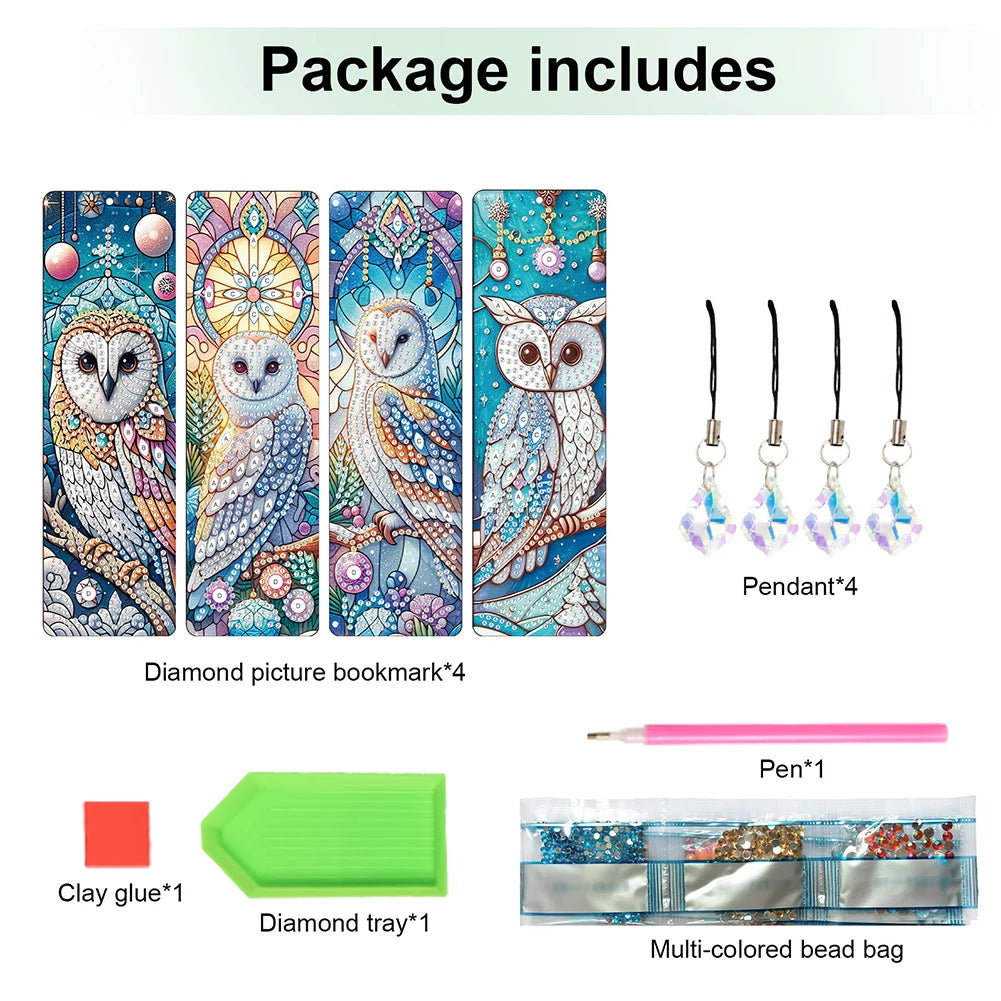 8Pcs DIY Owl Diamond Painting Art Bookmarks With Crystal Pendants