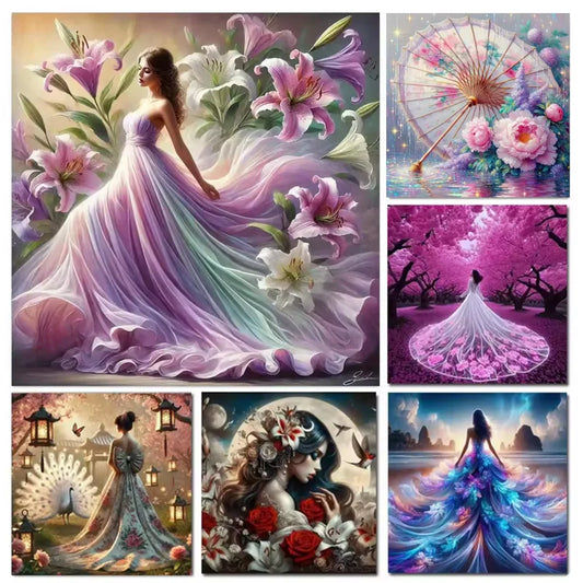 Diy Diamond Painting Sakura Beauty Woman Wearing Long Skirt Lily Flowers 5D Full Square / Round Drill