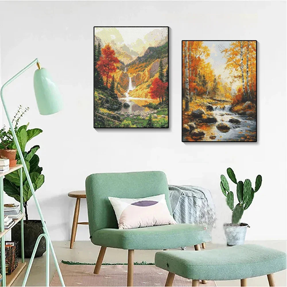 DIY 5D Diamond Painting Landscape Forest, Waterfalls, Scenic, Round Drill