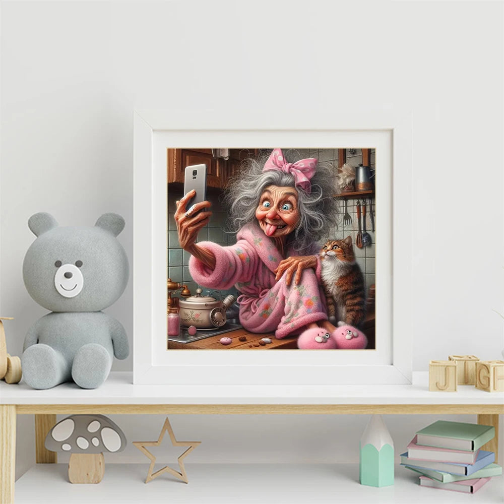 Momoart Old Woman and Cat Portrait, DIY Painting Cartoon Full Square / Round Drill