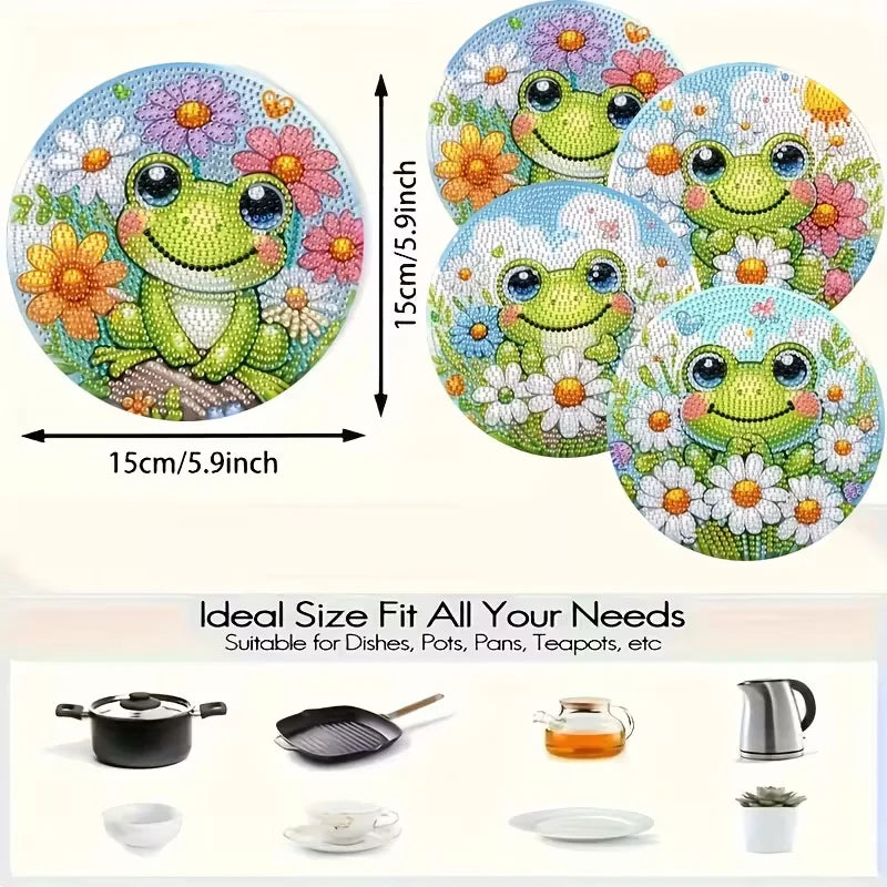 4-Piece Frog Patterned Wooden Diamond Dining Mat Set, DIY Crystal Diamond Art Insulated Table Mat Round Drill