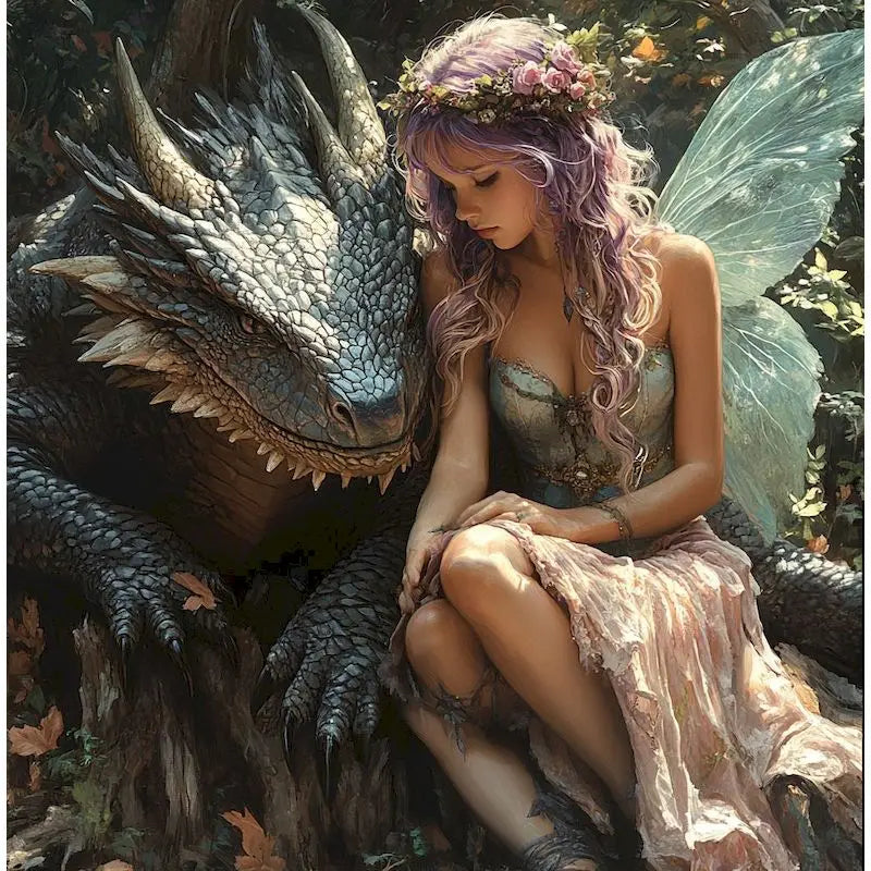 DIY Full Diamond Paintings Fantasy Animals. Dragon And Girl Mosaic