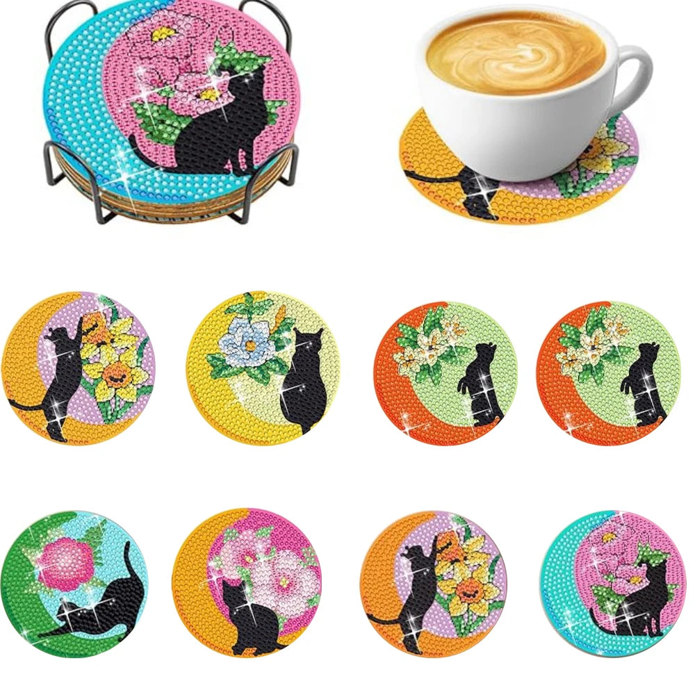 8-Piece / Set Diamond Art Painting Cup Mat With Stand, DIY Coffee Cat Pattern Diamond Art Cup Coasters