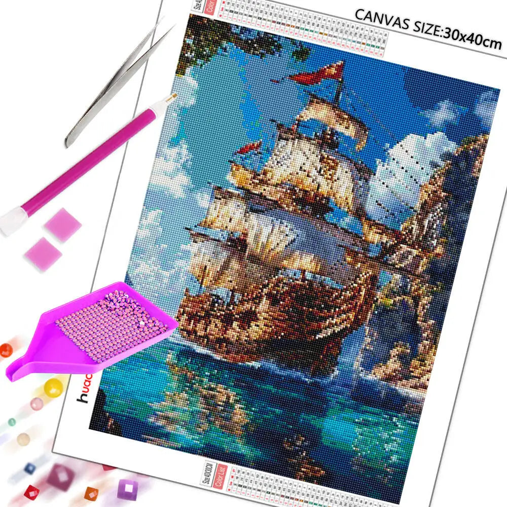 Huacan Full Square Round Diamond Painting Ship / Sea DIY Diamond Mosaic Landscape Art Wall Decor
