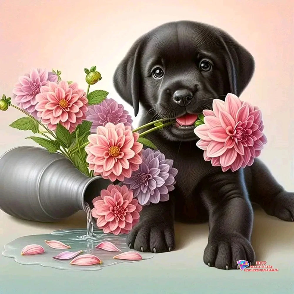 Diamond Painting Kit Square / Round Diamond 5D DIY Collage Of Cute Puppies With Flowers & Decorative Elements