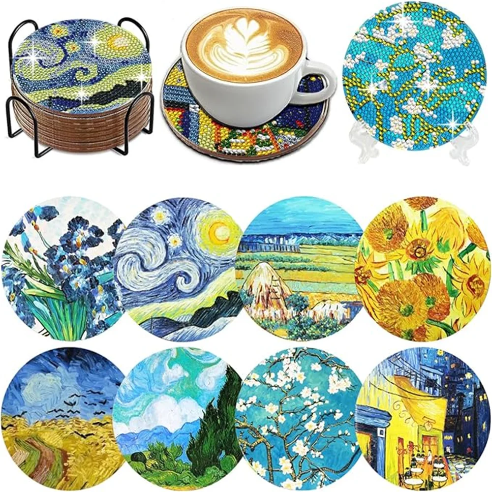 8-Piece Round Diamond Painting Coaster Set - DIY Van Gogh Star Moonlit Creative Coaster With Bracket, Sparkling Diamond Art