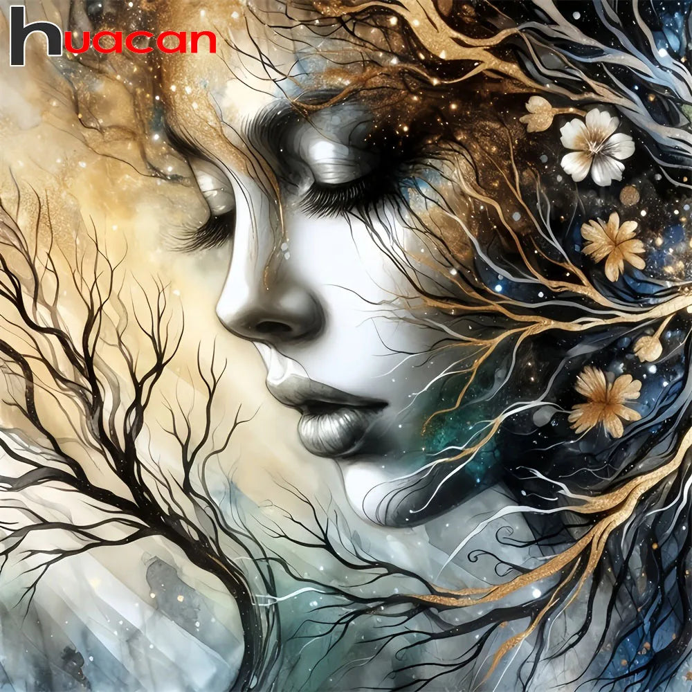 Huacan Full Square / Round Diamond Painting Woman / Flower, DIY Diamond Painting Portrait