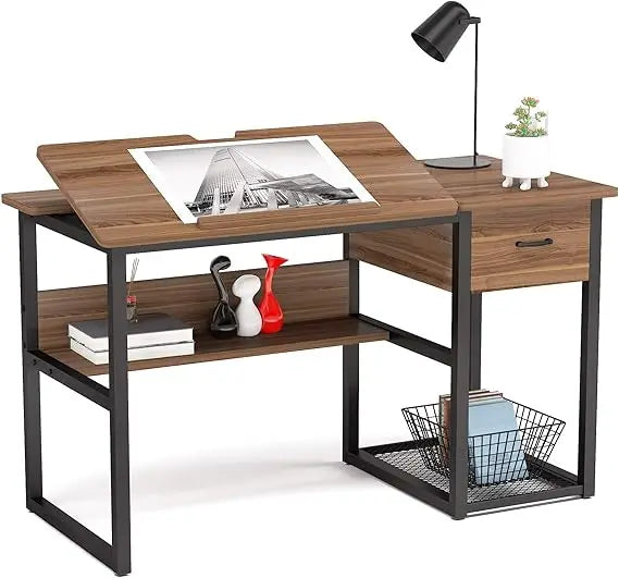 Drafting Table with Storage Drawers, Drawing Computer Desk Artist Craft Table Painting Desk Workstation with Shelves