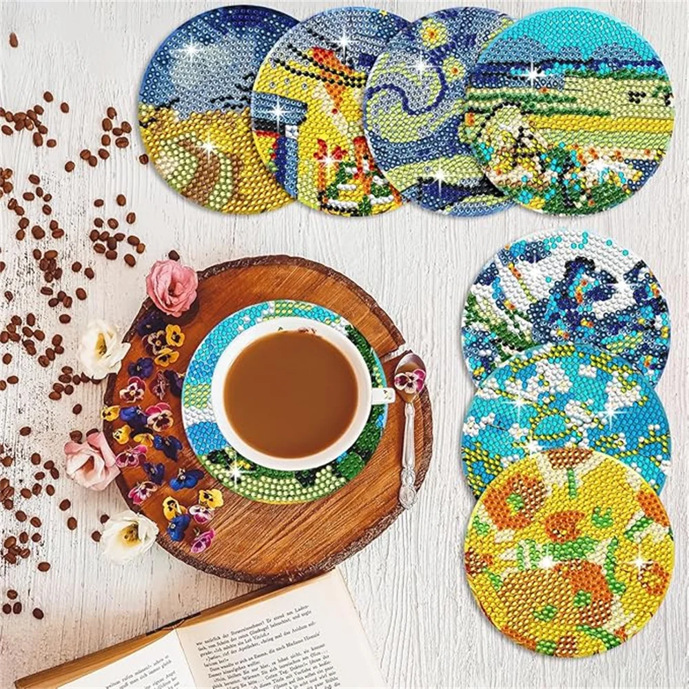 8-Piece Round Diamond Painting Coaster Set - DIY Van Gogh Star Moonlit Creative Coaster With Bracket, Sparkling Diamond Art