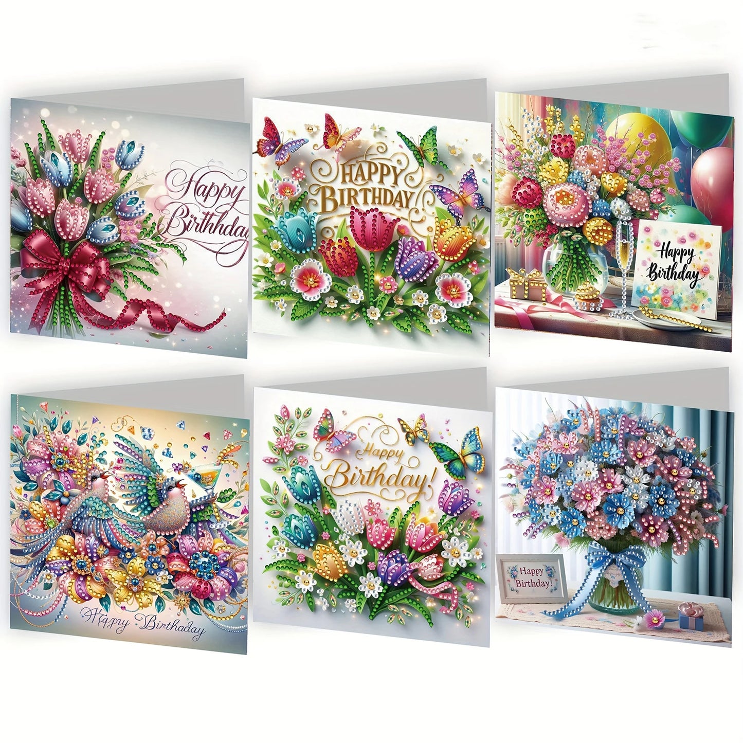 6-piece DIY Diamond Painting Set Birthday Card Set, Bouquet Pattern Design, Water Diamond Painting Art Mosaic