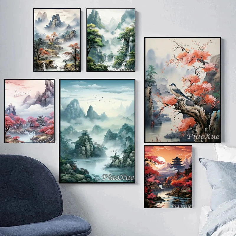 Chinese Style Landscape Picture Diamond Painting New Mountain Waterfall Scenery, Diamond Painting Mosaic DIY Cross Home Decor