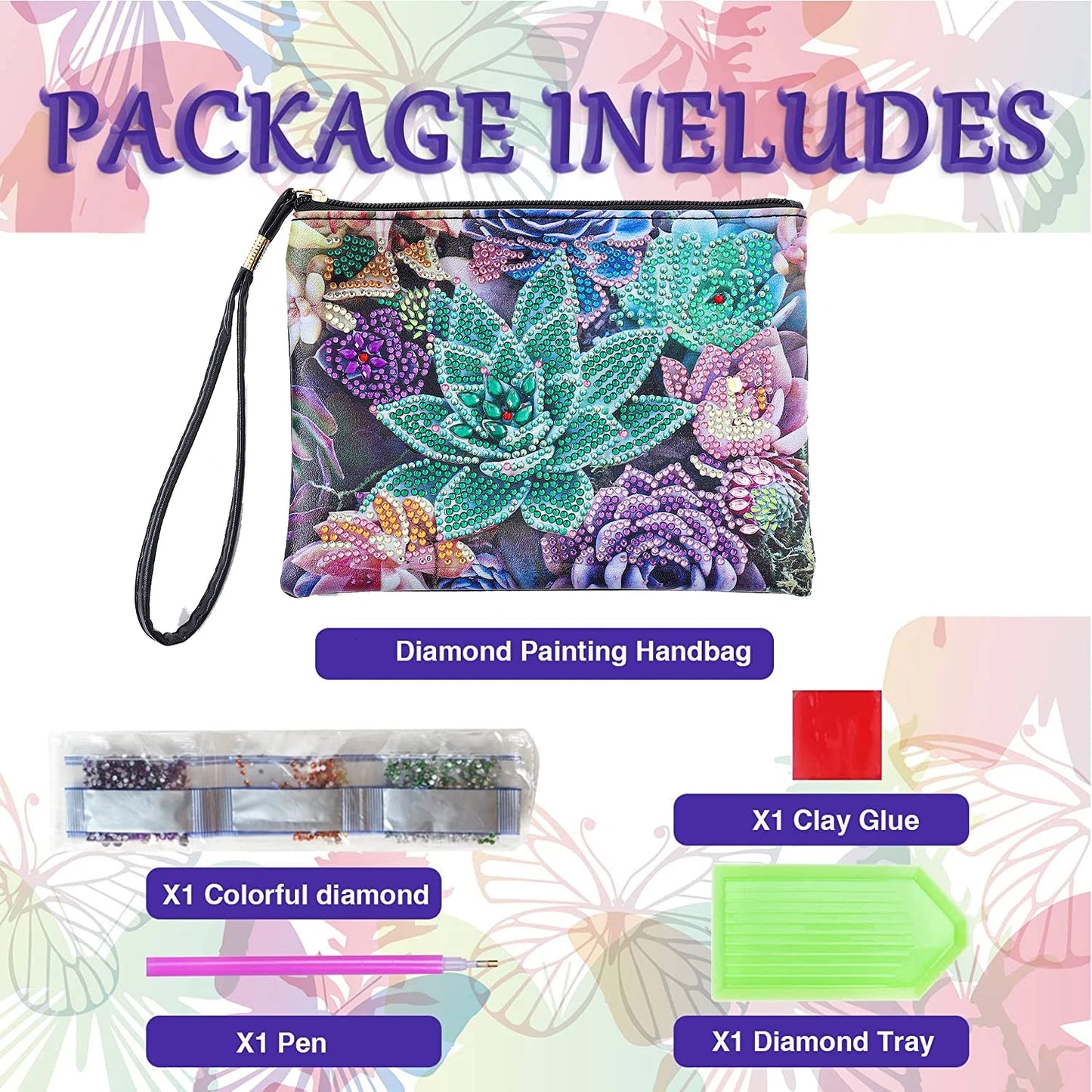 1pc DIY Purses Diamond Painting Mandala Kits for Adults One Sided Drill PU Leather Handbags Cactus Diamond Art Purses for Women