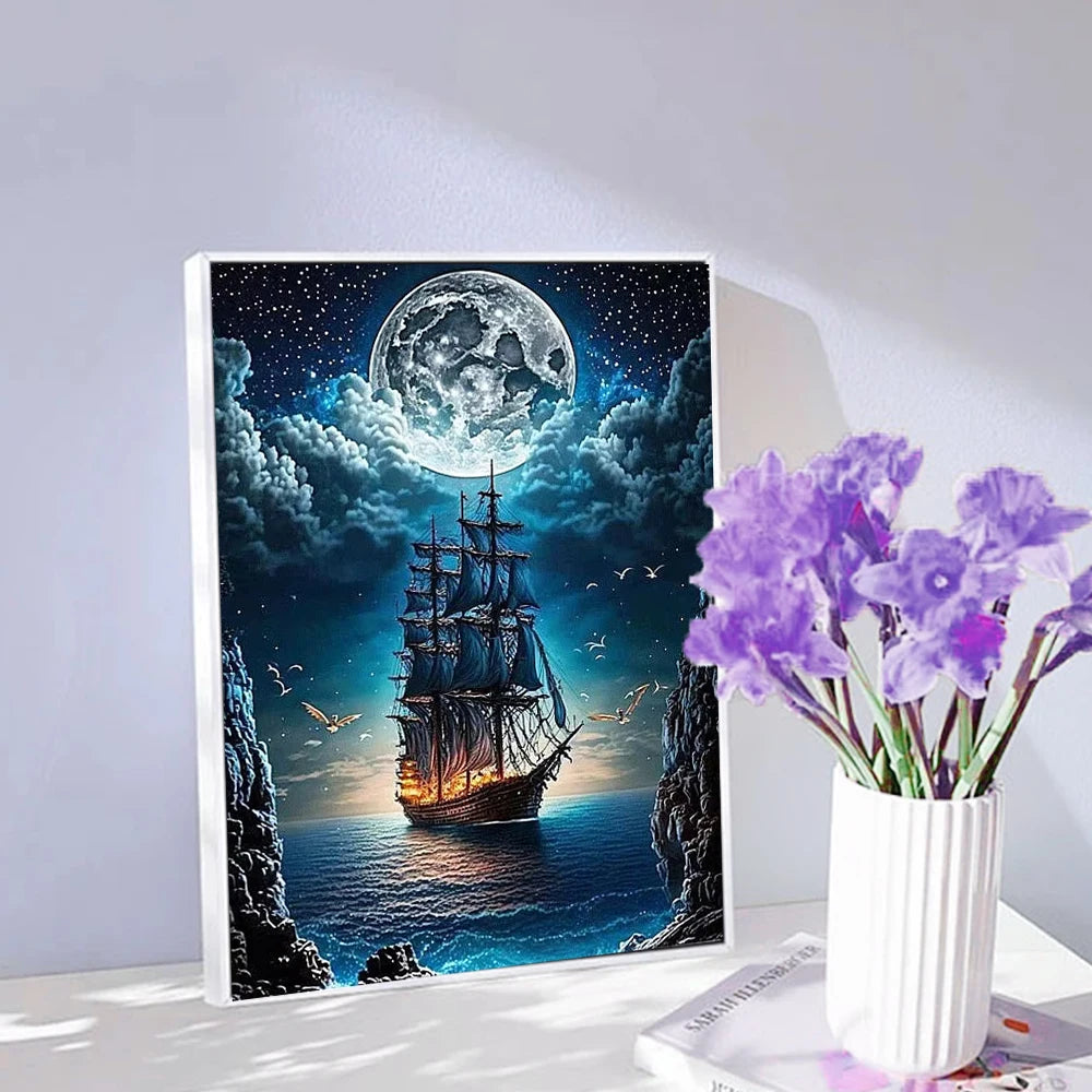 Huacan Full Diamond Ship Moon Sea Landscape DIY Full Square / Round Drill
