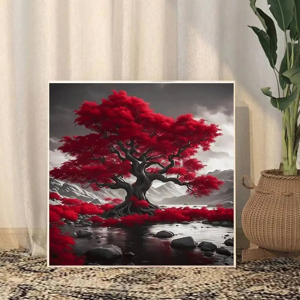 5D Diamond Painting Red Tree Landscape, DIY Full Round Drill