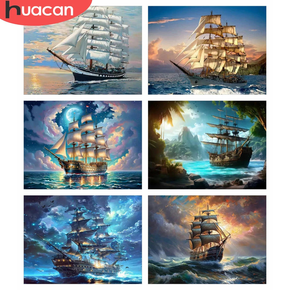 HUACAN 5d DIY Diamond Painting Ships Landscape Sea Scenery Full Square / Round Drills
