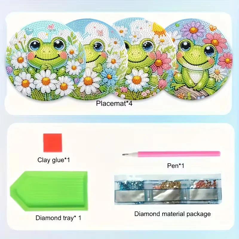 4-Piece Frog Patterned Wooden Diamond Dining Mat Set, DIY Crystal Diamond Art Insulated Table Mat Round Drill