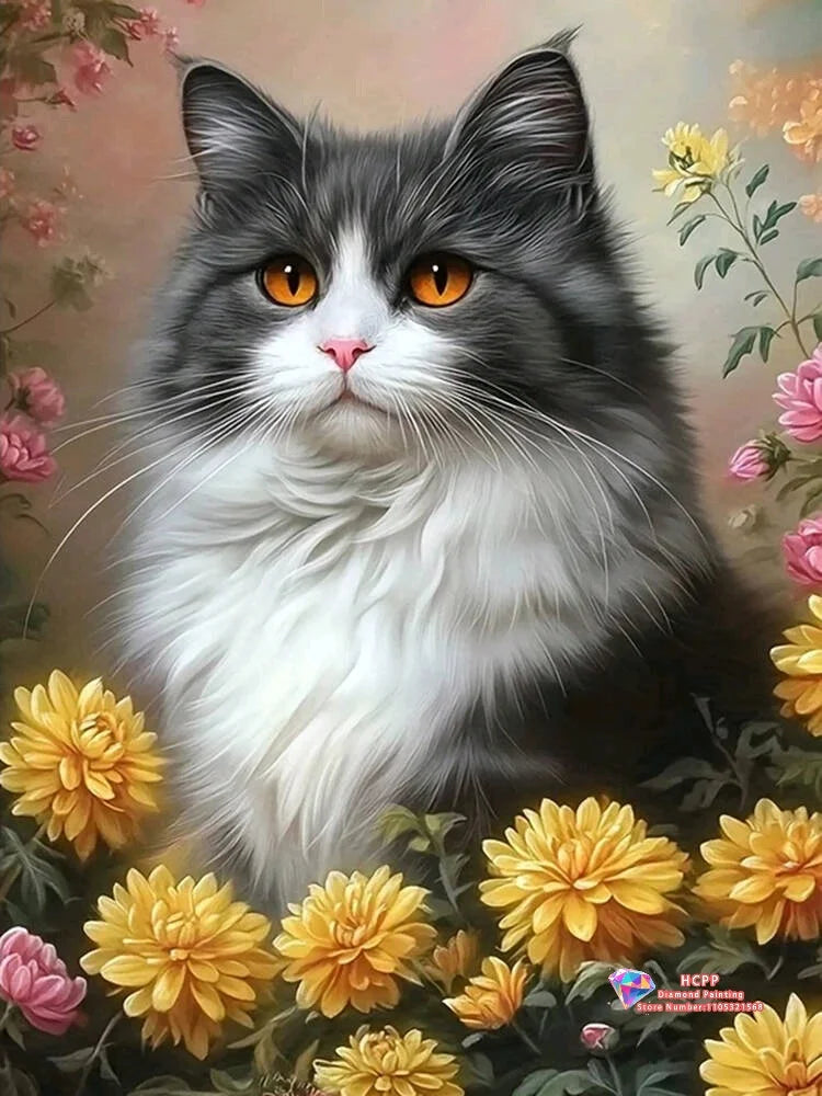 Flower Cat Diamond Painting Kit Square/ Round Diamond 5D DIY